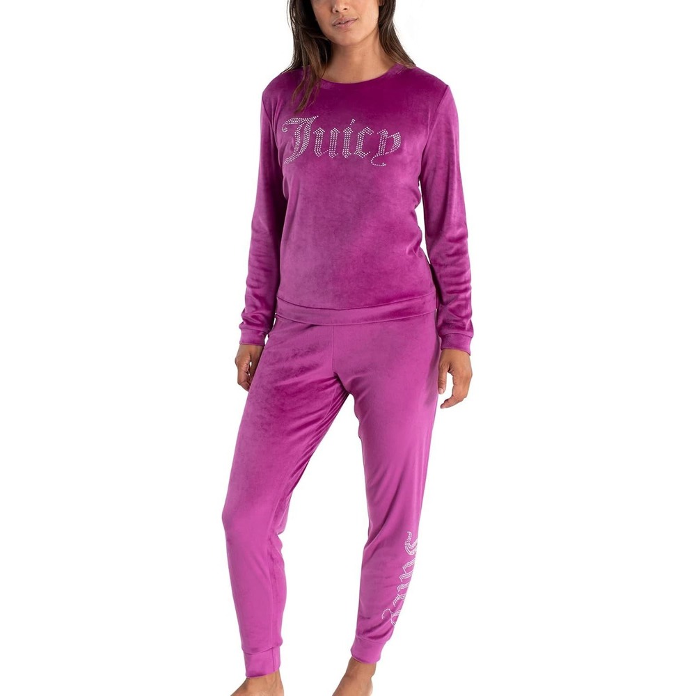 Juicy‎ Couture Velour Tracksuit Women L Purple Rhinestone Logo Pajama Set Y2K